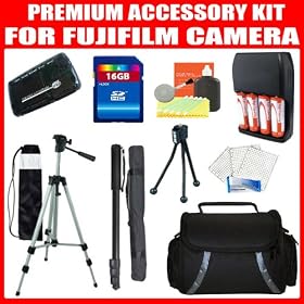 Advanced Accessories Kit Includes 16GB High Speed Memory + 4Pcs AA Batteries & Charger + USB 2.0 Reader + Deluxe Case + 50 Tripod w/Case + 67 Light weight Monopod + Screen Protectors + More For FujiFilm FinePix HS25EXR, S4500, S4200 Digital Camera