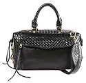 VANESSA Black Embossed Woven Medium Leatherette Bowler Satchel Handbag Purse Convertible Shoulder Bag