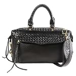 VANESSA Black Embossed Woven Medium Leatherette Bowler Satchel