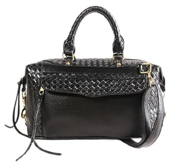 VANESSA Black Embossed Woven Medium Leatherette Bowler Satchel Handbag Purse Convertible Shoulder Bag