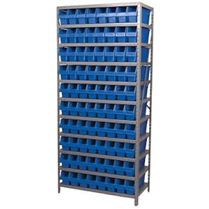 AKRO-MILS AS1879048 18-Inch D by 36-Inch W by 79-Inch H Powder Coated Steel Shelving Unit with 10 Shelves and 80 Blue Shelf Bins, Grey