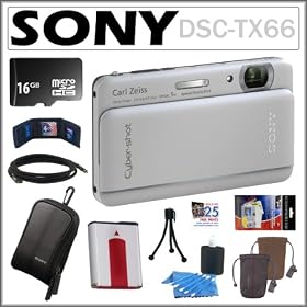 Sony Cyber-shot DSC-TX66 18.2MP Digital Camera with 5x Optical Zoom and 3.3-inch OLED in Silver + 16GB Micro SDHC + 2 Sony Cases + Replacement Battery Pack + Mini HDMI Cable + Accessory Kit