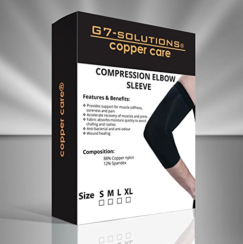 Elbow Brace - Highest Copper Infused Content Elbow Brace, Elastic Copper Care Compression Fit - Stop Suffering From Tennis Elbow, Tendonitis, Golfers Elbow, Joint Pain- By Get7solutions (Small)