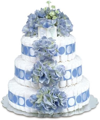 3-Tier Diaper Cake-Classic Blue Hydrangeas with Blue Circles - Large from Baby Bloomers
