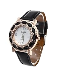 Womens Quartz Wristwatch Black Leather Band Crystal Dial Arabic Numeral Mark