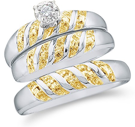 10k White and Yellow 2 Two Tone Gold Mens and Ladies Couple His & Hers Trio 3 Three Ring Bridal Matching Engagement Wedding Ring Band Set - Round Diamonds - Solitaire Center Setting (.07 cttw) - SEE 