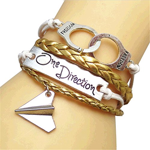 JQUEEN Carved One Direction Silver Plated Paper Airplane Freedom Handcuffs Infinity Leather Bracelet,Gold
