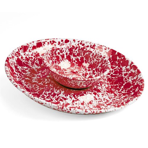 Enamelware Chip & Dip Set, Red Marble
