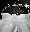 First Communion Veil - 25" Rhinestone tiara crown, 1.5" heart-shaped, cross in center, ribbon bow, two-tiered, pencil edging, Gift Boxed!