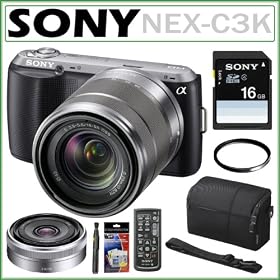 Sony Alpha NEX-C3K 16 MP Compact Interchangeable Lens Digital Camera in Black with Sony SEL1855 18-55mm Zoom Lens and SEL16F28 16mm Wide-Angle Lens + Sony 16GB SDHC + Sony Remote + Lens Filter + Sony Case + Accessory Bundle