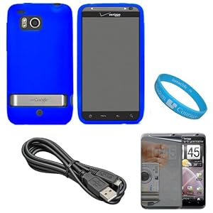 Blue Soft Silicone Protective Skin Cover Case for Verizon Wireless New HTC Thunderbolt 4G / HTC Incredible HD (Model ADR6400) + Mirror Screen Protector + Black Micro USB Data Cable Cord + SumacLife TM Wisdom Courage Wristband