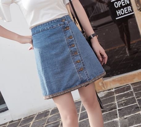 (ALLURE) デニム スカート 台形 フロントボタン レトロ アジアン ブルー ライトブルー AF0510