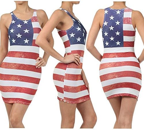 Red Lime Sunday Weathered American Flag July 4th Bodycon Tank Mini Dress (Small)