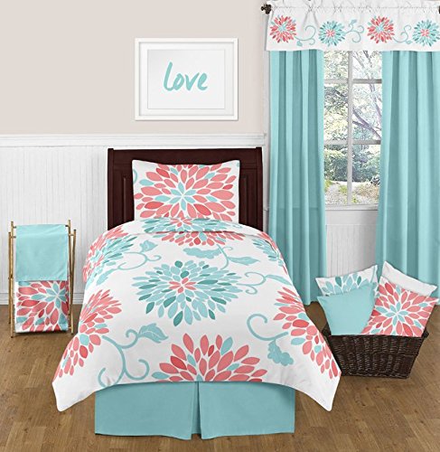 Sweet Jojo Designs Turquoise and Coral Emma 4 Piece Kids Teen Modern Twin Bedding Set Collection