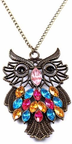 Besideyoushop Antique Alloy with Colour Crystal Owl Long Prendant Bronze Necklace