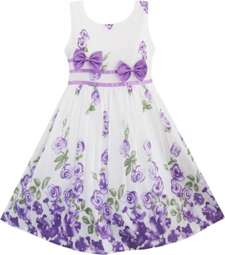Girls Dress Purple Rose Flower Double Bow Tie Party Sundress Size 4-12