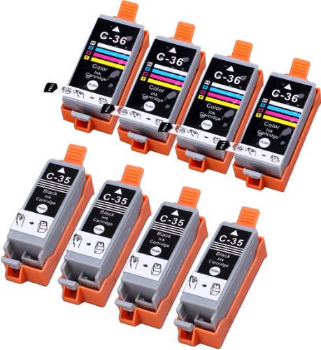 8 Pack Compatible Canon CLI-36 , PGI-35 4 Tri Color, 4 Black for use with Canon PIXMA iP100l, PIXMA mini260, PIXMA mini320, RFB IP100. Ink Cartridges for inkjet printers. CLI-36-C / 1511B002 , PGI-35-BK / 1509B002 © Blake Printing Supply On Sale