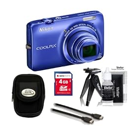 Nikon Coolpix S6300 (Blue) 16 MP Digital Camera Kit with 4 GB SD Card, Carrying Case, HDMI to Mini HDMI Cable, Mini Tripod & Lens Cleaning Kit