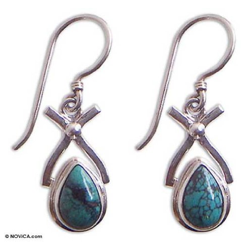 Sterling Silver and Turquoise Dangle Earrings, 'Temptations' 1 L