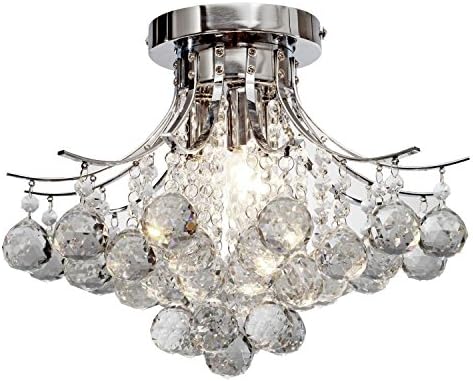 George Versailles® Chrome Finish Crystal Chandelier with 3 lights, Mini Style Flush Mount Ceiling Light Fixture for Study Room/Office, Dining Room, Bedroom, Living Room