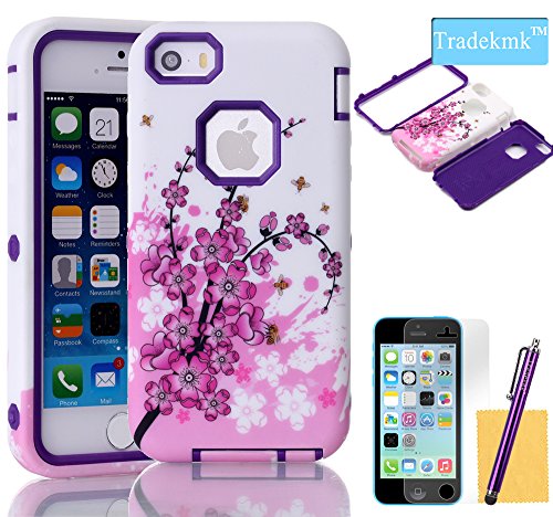 iPhone 5C Case, Tradekmk(TM)Hybrid Three Layers Combo Hard Soft High Impact Hard Back Case Protective Cover Fit For Apple iPhone 5C(Purple+Pink),with Stylus Pen,Screen Protector and Cleaning Cloth