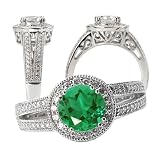 18k Chatham cultured 6.5mm round emerald engagement ring with natural diamond halo