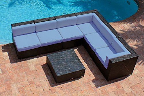 7 Piece Outdoor Patio Furniture Modern Sofa Couch Sectional Modular Set Akoya Wicker Collection Blue
