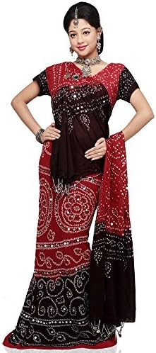 Jaipur Raga Women's Sequin Work Jaipuri Bandhej Pure Cotton Lehanga Choli Set Small Red-Black