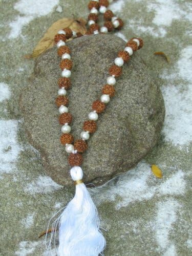 Rudraksha and Pearl Mala 108 Medium Beads on Knotted Thread