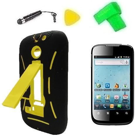Heavy Duty Hybrid Phone Cover Case Cell Phone Accessory + Extreme Band + Stylus Pen + LCD Screen Protector + Yellow Pry Tool For Net10 Straight Talk Huawei Ascend II M865C / Huawei Summit U8651S / Huawei Astro c8650 / Huawei T-Mobile Prism 1 U8651 (Black/Yellow)