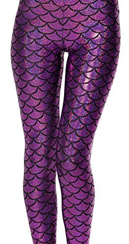 Sexy Fish Scale Mermaid Printed Leggings Skinny Pants for Women Purple Red M