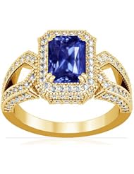 14K Yellow Gold Emerald Cut Blue Sapphire Ring With Sidestones
