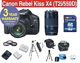 Canon EOS Rebel Kiss X4 (T2i/550D) EF-S 18 MP Digital Camera with Canon 18-55mm IS Lens + Canon 75-300mm Zoom Lens + High Capacity Li-Ion Battery + 4 GB Memory Card + 50 Titanium Anodized Tripod + 6 Piece Accessory Kit + Deluxe Padded Camera Bag + Multi-Coated Glass UV Filter + Multi-Coated Glass Polarizer Filter + 3 Year CELLTIME Extended Warranty (Japan Made)