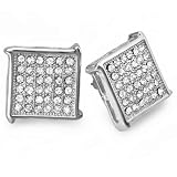 Platinum Plated Stud Earrings 15 mm Fancy Square Shaped White Round Cubic Zirconia Iced Pushback Post
