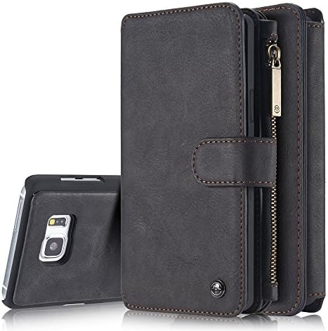 S6 edge Plus Case,AKHVRS Genuine Leather Wallet Case - Detachable Folio Flip Holster Case Premium Wallet Case with Credit Card and zipper Wallet Case for Samsung Galaxy S6 edge Plus (Black)