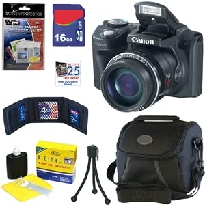 Canon PowerShot SX500 IS 16.0 MP Digital Camera with 30x Wide-Angle Optical IS Zoom (Black) + 6pc Bundle 16GB Accessory Kit