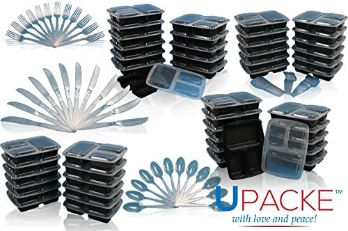 Upacke Bento Box Lunch Box,12 Pack, 3-compartment Microwave Safe Commercial Food Container with Lid, Durable Lunch Tray with Cover, Along with Bonus 12 Cutlery Sets Each of Spoons, Knives, Forks and Bento Box Cookbook Ebook (30 Ounce)