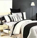 7 PIECE CLASSIC, STICHED DESIGN OVERSIZED COTTON COMFORTER SET, BLACK/GREY/IVORY COLOR, QUEEN SIZE