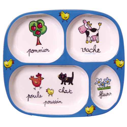 Divided Tray Baby Cie Farm Animals: Les Animaux de la Ferme Melamine Colorful dinnerware with wording