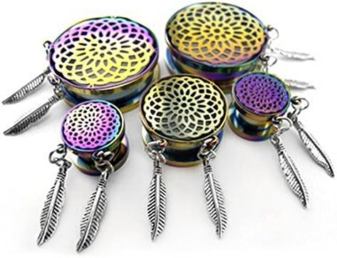 Pair of Stainless Steel Screw Fit Tunnel Rainbow Plated Mandala Inlay with Leaf Dangle Plug (10mm 00g)
