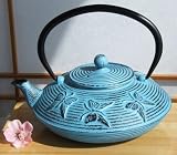 Tetsubin style Cast Iron Teapot Kettle with light blue Butterfly design 0.8 Litre from Gifts Of The Orient