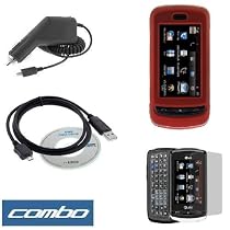 Red Rubberized Snap On Crystal Hard Case + Clear LCD Screen Protector + Rapid Car Charger + USB Data Cable for AT&T LG Xenon GR500 Cell Phone