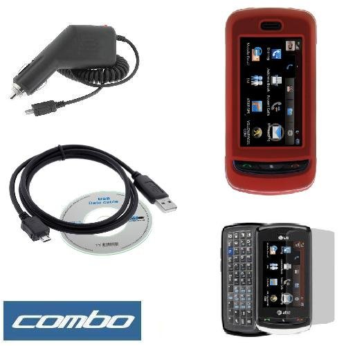 Red Rubberized Snap On Crystal Hard Case + Clear LCD Screen Protector + Rapid Car Charger + USB Data Cable for AT T LG Xenon GR500 Cell Phone