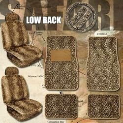 11pc Safari Leopard Car Mats Seat Steering Wheel Cover Set with Bonus Air Vent Pocket Pouch