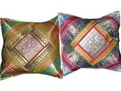 2 Ethnic Vintage Silk Sari Shabby Chic Cushion Covers Toss Pillow