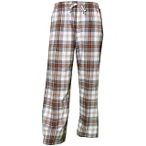 Brown and Light Blue tartan plaid check tie cord flannel cotton pants for lounging, sleep, sports. Unisex relaxed fit, available in 3 Youth sizes