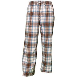 Brown and Light Blue tartan plaid check tie cord flannel cotton pants for lounging, sleep, sports. Unisex relaxed fit,