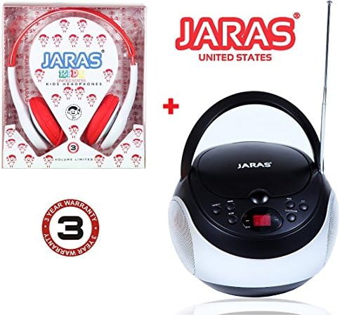 Jaras® 2-Pack Bundle Kids Package + Sport Portable Stereo CD Player with AM/FM Stereo Radio and Headphone Jack + Jaras Red Kids Headphones Included in the Bundle Package