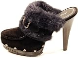 Anne Michelle Revenge Black High Heel Platform Fur Trimmed Clogs