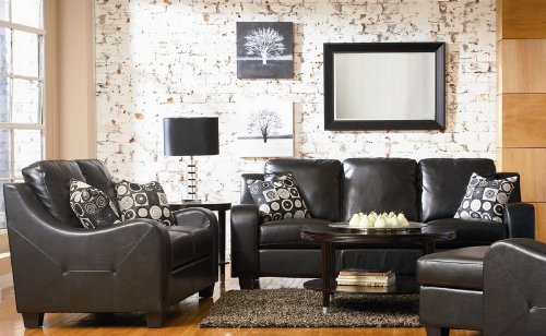 2PC Black Contemporary Leather Sofa and Loveseat Set